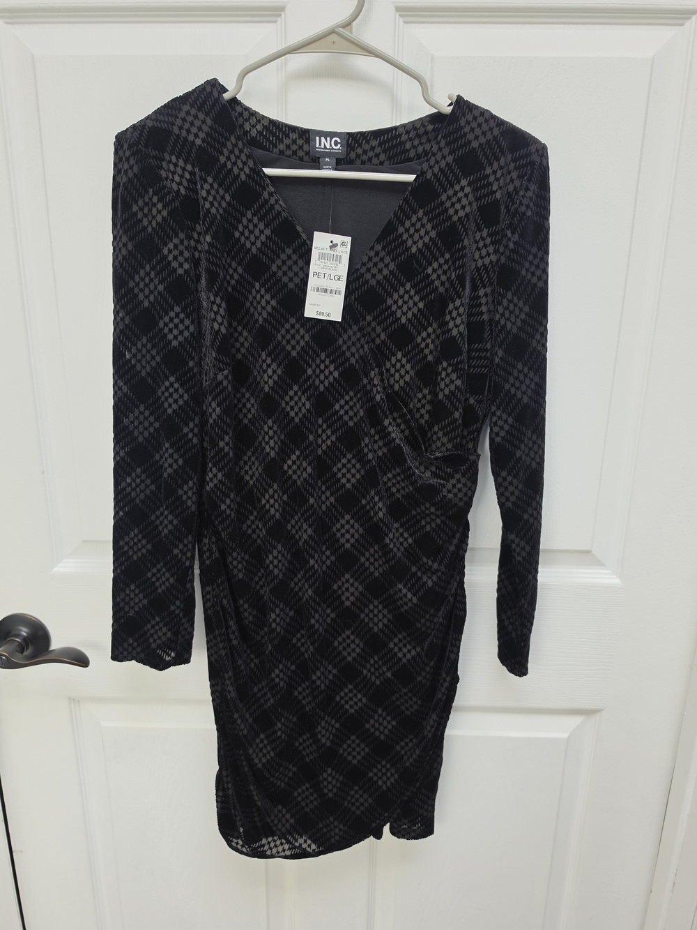 INC International Concepts Black and Gray Wrap-Style Velvet Long Sleeve Dress